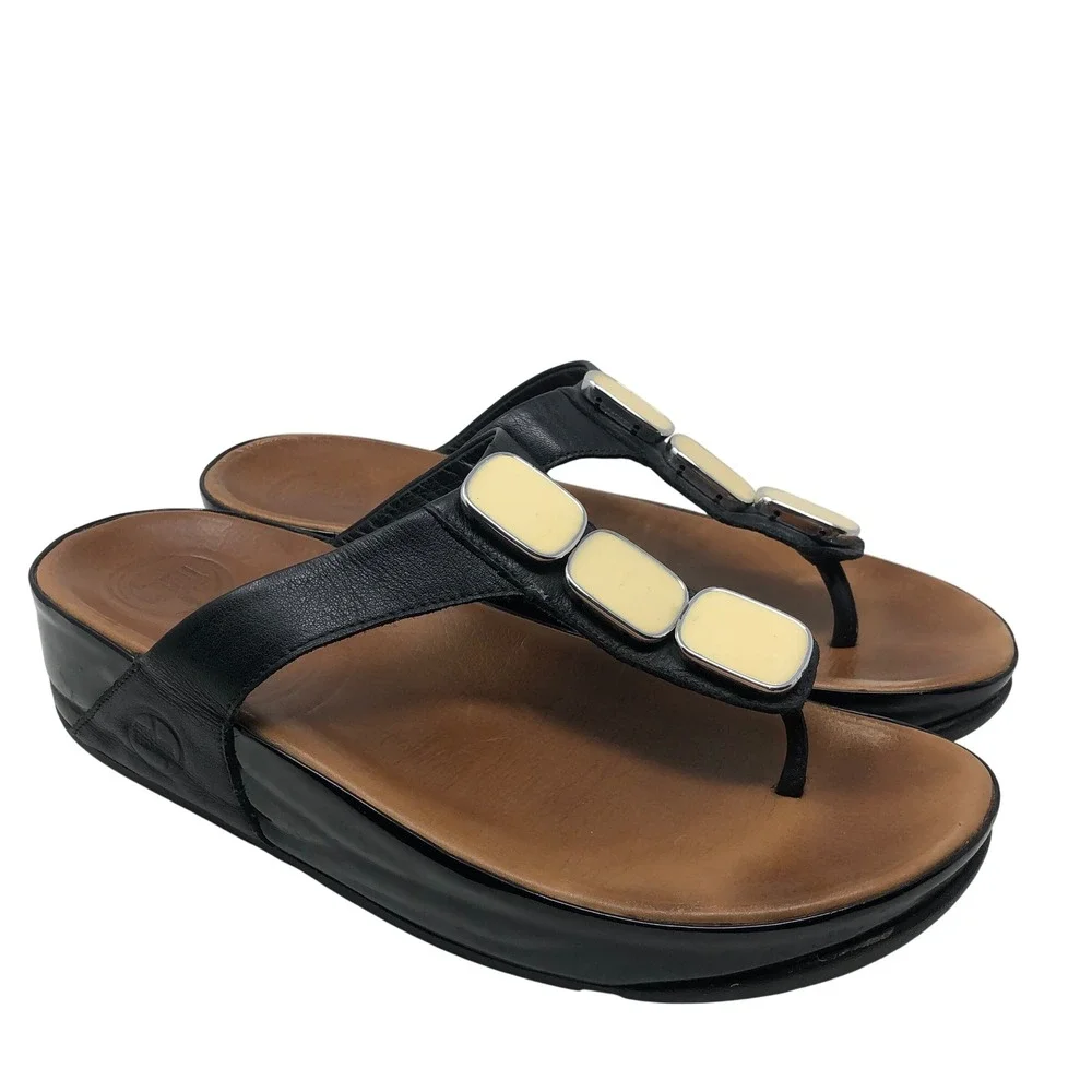 FitFlop Sandals 8 Black Tan Leather Enamel Stone Microwobbleboard Summer Casual